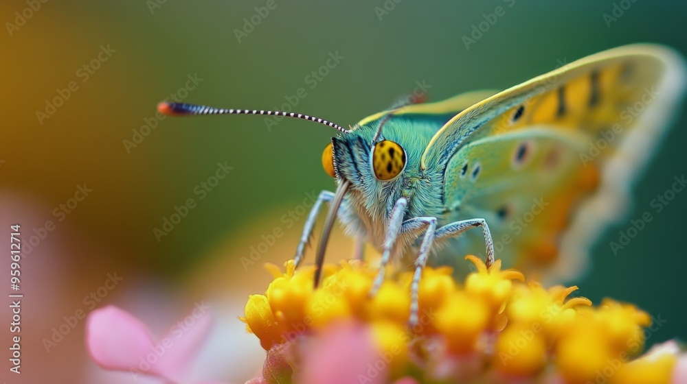Poster a macro shot of a colorful butterfly sipping nectar from a blooming flower, showcasing its delicate 