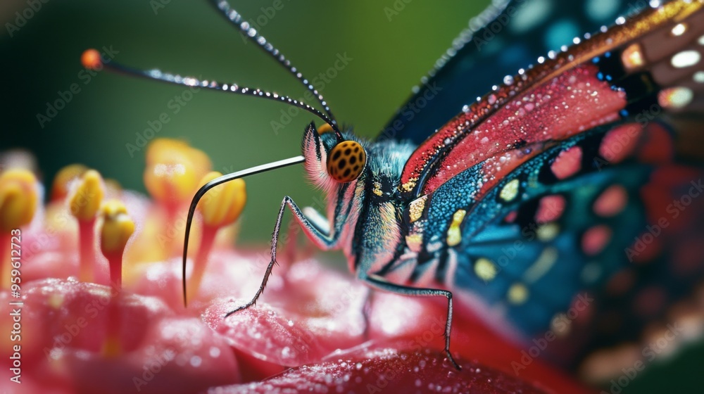 Poster a macro shot of a colorful butterfly sipping nectar from a blooming flower, showcasing its delicate 