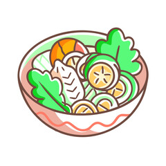 a cartoon-style illustration of a salad bowl. Inside the bowl, there are various ingredients depicted, including slices of cucumber, a piece of grilled chicken, a tomato, and some leafy greens