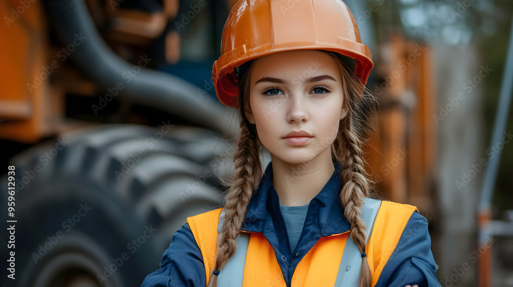 Canvas Prints A young woman in safety gear poses confidently at a construction site.