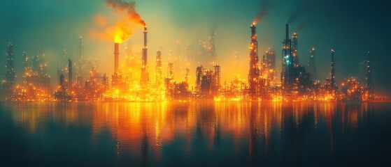 Fototapeta premium A Nighttime View of an Industrial City with Smokestacks and Reflections in the Water