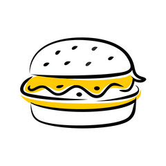 a simple, stylized illustration of a hamburger. It features a bun with sesame seeds on top, a layer of cheese, and a patty. The drawing is outlined in black with yellow accents