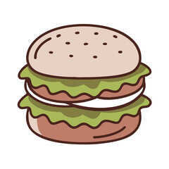  a cartoon-style illustration of a hamburger. It features a sesame seed bun on top, with a layer of green lettuce, a slice of white cheese or sauce, another layer of lettuce, and a brown hamburger pat
