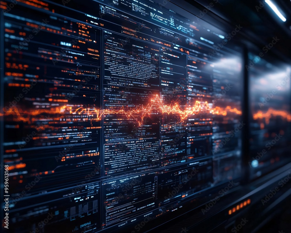 Poster futuristic interface with glowing elements displays data streams and analysis, ideal for technology 