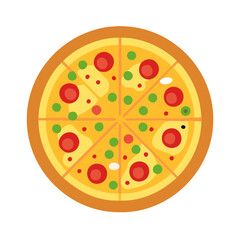 an illustration of a pizza. It is a round pizza cut into eight slices. The pizza has a golden-brown crust and is topped with various ingredients