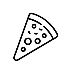 a simple black and white line drawing of a slice of pizza. The slice is triangular, with a curved crust at the top. There are several circular shapes on the slice