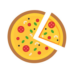 a simple illustration of a pizza with one slice removed. The pizza has a brown crust and a yellow base, likely representing cheese