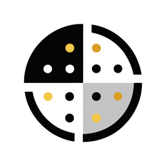 a circular logo divided into four equal sections. The top left section is black with three yellow dots. The top right section is white with three black dots