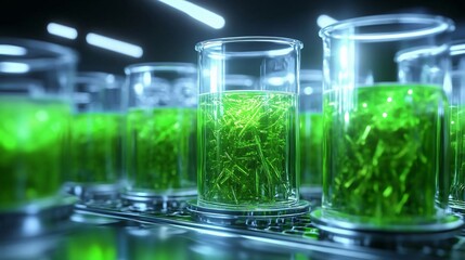 Laboratory scene with glass containers holding vibrant green liquid, showcasing scientific research and innovation in biotechnology.