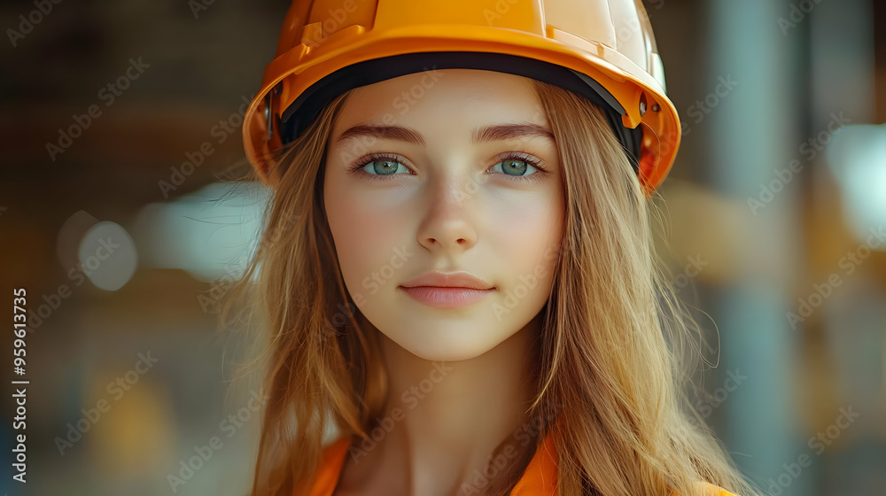 Poster A young woman wearing a safety helmet in an industrial setting.