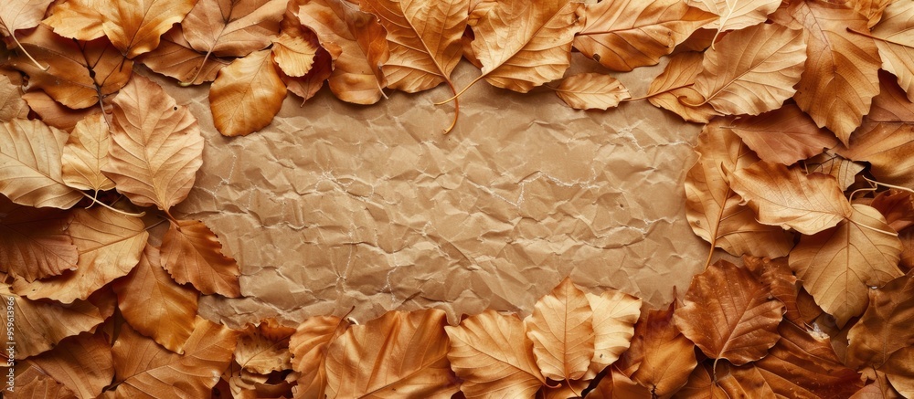 Wall mural Arrange dried leaves on cardboard for a background image. Copy space image. Place for adding text and design