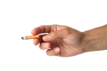 PNG,Smoldering cigarette in hand, isolated on white background