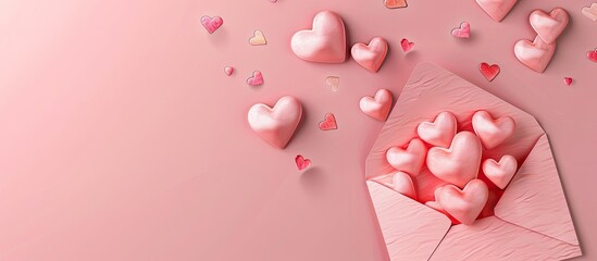 love letter envelope filled with paper craft hearts flat lay on a pink background for Valentine s Day or an anniversary with copy space