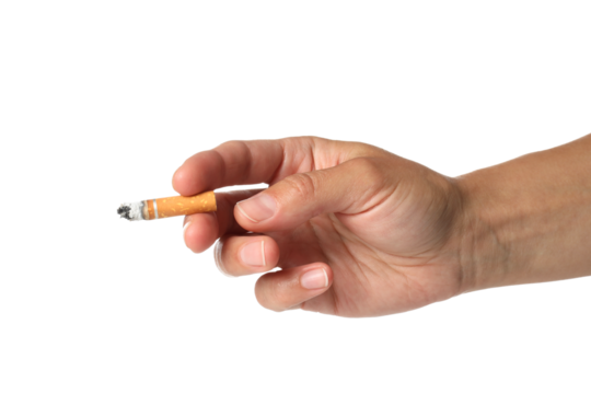 PNG,Smoldering cigarette in hand, isolated on white background