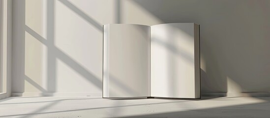 Fototapeta premium A blank white book projects a shadow on a simple background with copy space Sunlight produces an artistic design evoking a calm and creative environment for ideas