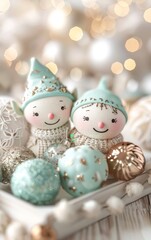 Festive holiday characters in a cozy arrangement, surrounded by decorative ornaments with a soft, warm bokeh background.