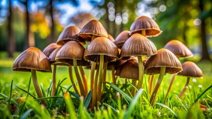 Brown mushrooms sprout from the lush grass of the yard, their earthy hues complementing the green blades and creating a sense of natural harmony.
