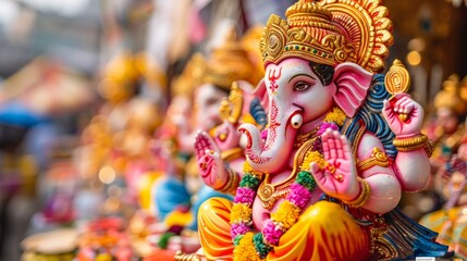 Young indian couple celebrating ganesh chaturthi with a ganesha sculpture in hand
