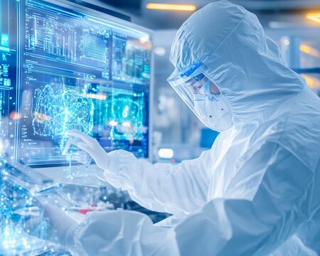 A scientist in protective gear interacts with digital data on a computer screen, showcasing innovation and technology in research.