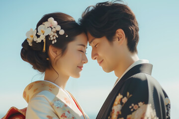 向かい合う和装の新郎新婦