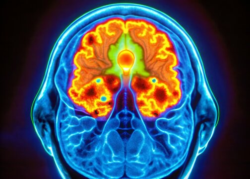"Photo image of positron emission tomography (PET) scan showing brain activity with radiolabelled glucose and oxygen isotopes highlighting regions of high metabolism"