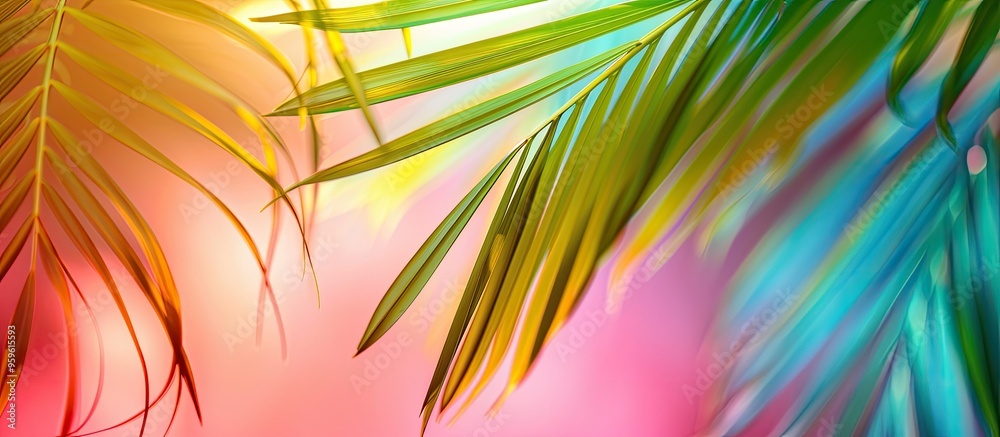 Wall mural tropical palm leaf set against a colorful background. copy space image. place for adding text and de