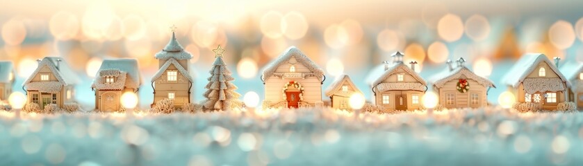Festive miniature houses adorned with snow and lights, creating a cozy winter atmosphere during the holiday season.