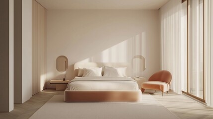 Minimalistic bedroom with white walls, pastel furniture, and light.