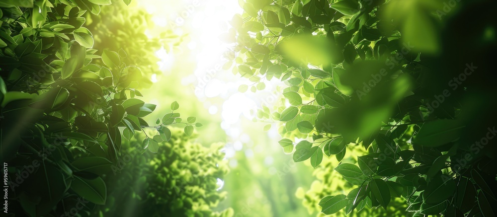 Poster blurred natural backdrop with sunlight shining through trees viewed from below in a green environmen