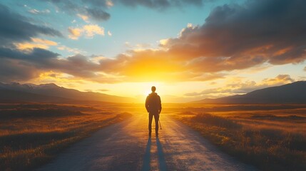 Obraz premium Solitary Traveler at the Crossroads Facing the Vibrant Sunrise Ready for a New Adventure