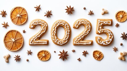 Festive "2025" Gingerbread Cookie Design with Dried Orange Slices and Star Anise on a White Background. Simple and Elegant New Year Theme Perfect for Digital Backdrop or Social Media Banner.