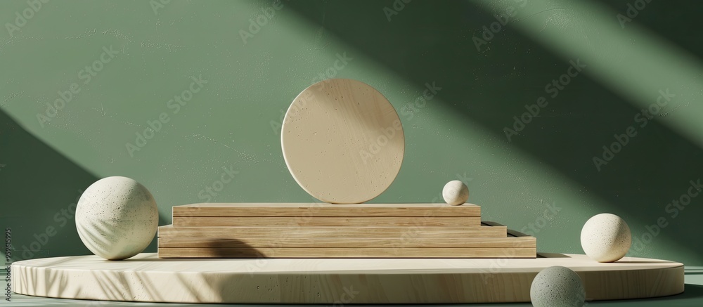 Poster abstract empty podium with wooden geometric shapes set against a green background template for showc