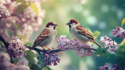 Fototapeta premium Sparrows bird sitting on lilac branches during rain.
