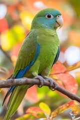 A parrot with striking green and blue feathers perches gracefully on a branch in the jungle, illuminated by soft, natural sunlight filtering through the leaves