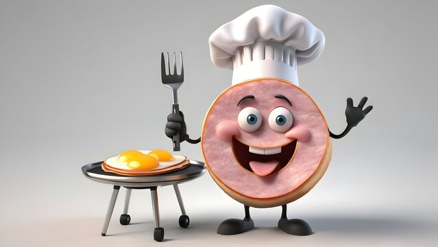 ham slice the ham 3d rendered character is a round pink slice with a cheery face and a chef's hat.