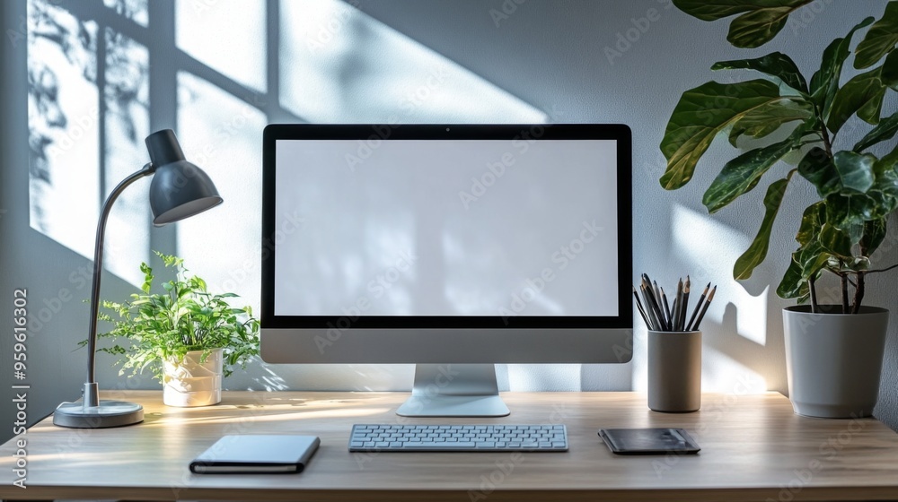 Aufkleber a modern workspace featuring a sleek desk with a computer, notebook, and desk lamp, set against a cl
