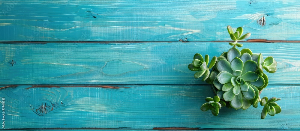 Canvas Prints Word home and green graptopetalum succulent plant on a blue wooden background copyspace Top view flat lay Concept of home