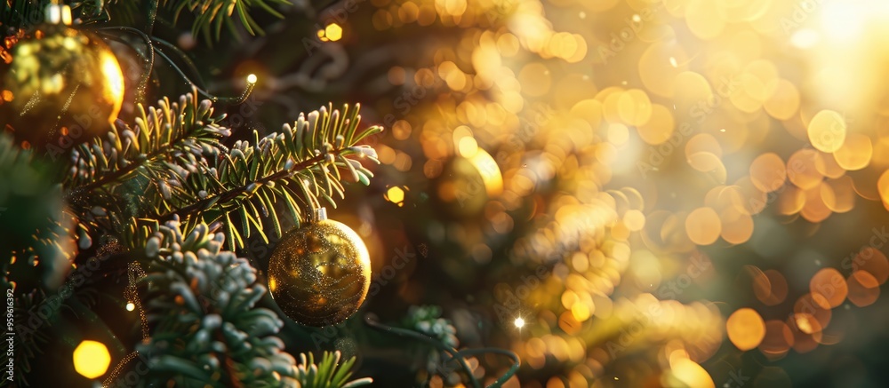 Sticker New Year s golden ornaments and garland are adorned on a natural Christmas tree Close up and softly focused this represents a Christmas and New Year web banner concept. Copy space image