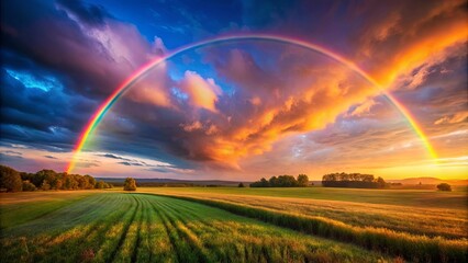 Obraz premium Tranquil scene of sunset over field with vibrant rainbow in clear sky