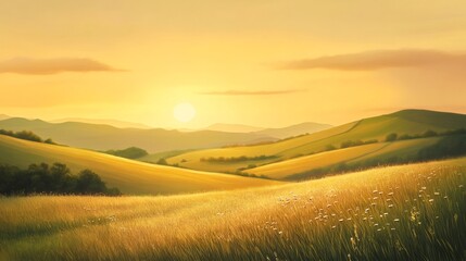 Fototapeta premium A scenic view of rolling hills and golden fields bathed in the warm glow of the setting sun.