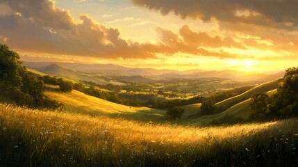 Fototapeta premium A scenic view of rolling hills, lush green trees, and golden sky in a rural countryside setting.