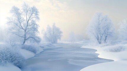 Obraz premium A serene, snow-covered landscape with a frozen river winding through a forest of frosted trees under a hazy sky.