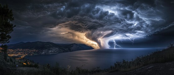 Naklejka premium Lightning Striking Over a Mountainous Coastline at Night