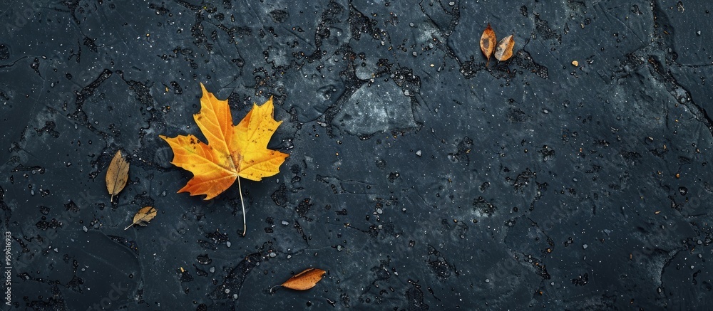 Poster Yellow leaf on the ground. Copy space image. Place for adding text and design