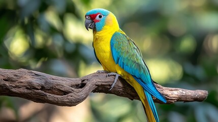 Naklejka premium An electric mint parrot rests gracefully on a branch, displaying its striking blue head and red beak. The blurred foliage creates a serene natural setting