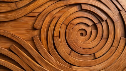 Wooden Background: Abstract wooden spiral pattern with curved planks.