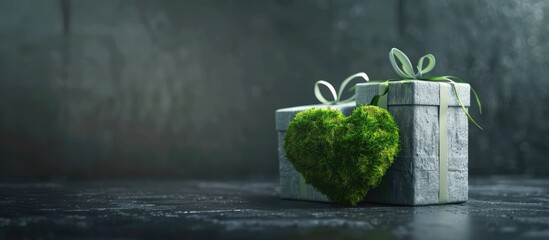 Two gift boxes and a green heart crafted from moss St Valentine s Day Romantic idea. Copy space image. Place for adding text and design