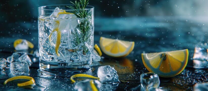 Gin and Tonic served with ice lemon zest and fresh rosemary Drink concept Dark rustic style Copyspace Square image