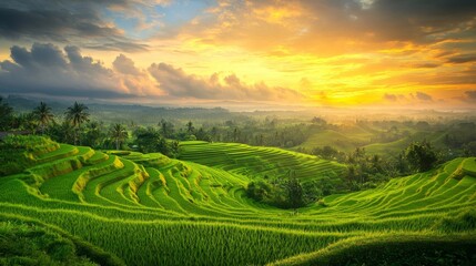 Naklejka premium A panoramic view of lush green rice fields stretching out to the horizon, with a golden sunrise casting a warm glow over the landscape