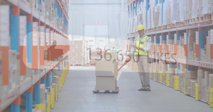 Warehouse worker moving boxes on pallet truck, animation of 3,290,020 likes over